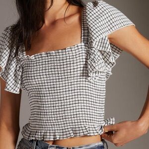 Anthropologie Maeve Crinkle Gingham Smocked Top Black White